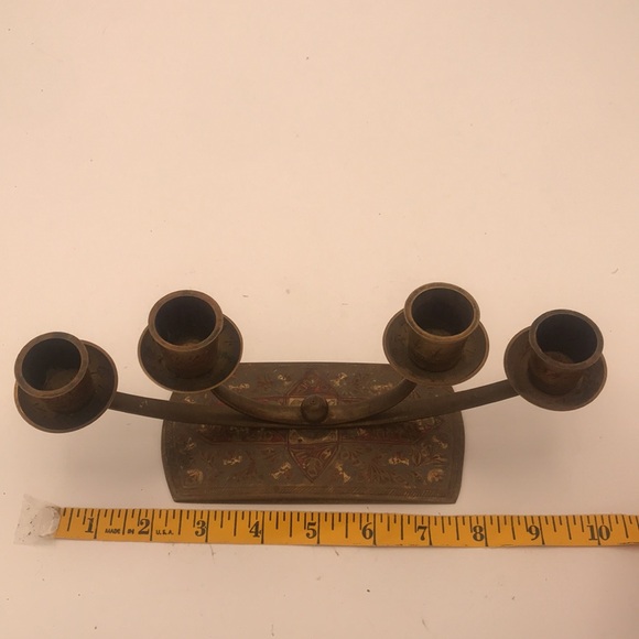 RARE VTG Etched Brass 4-Candle Candelabra Made in India - Picture 7 of 9